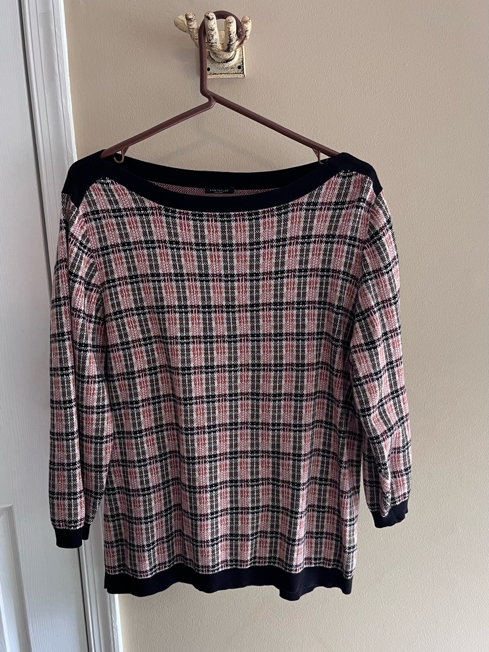 Ann Taylor Factory Rust Orange and Black Plaid Crewneck Sweater